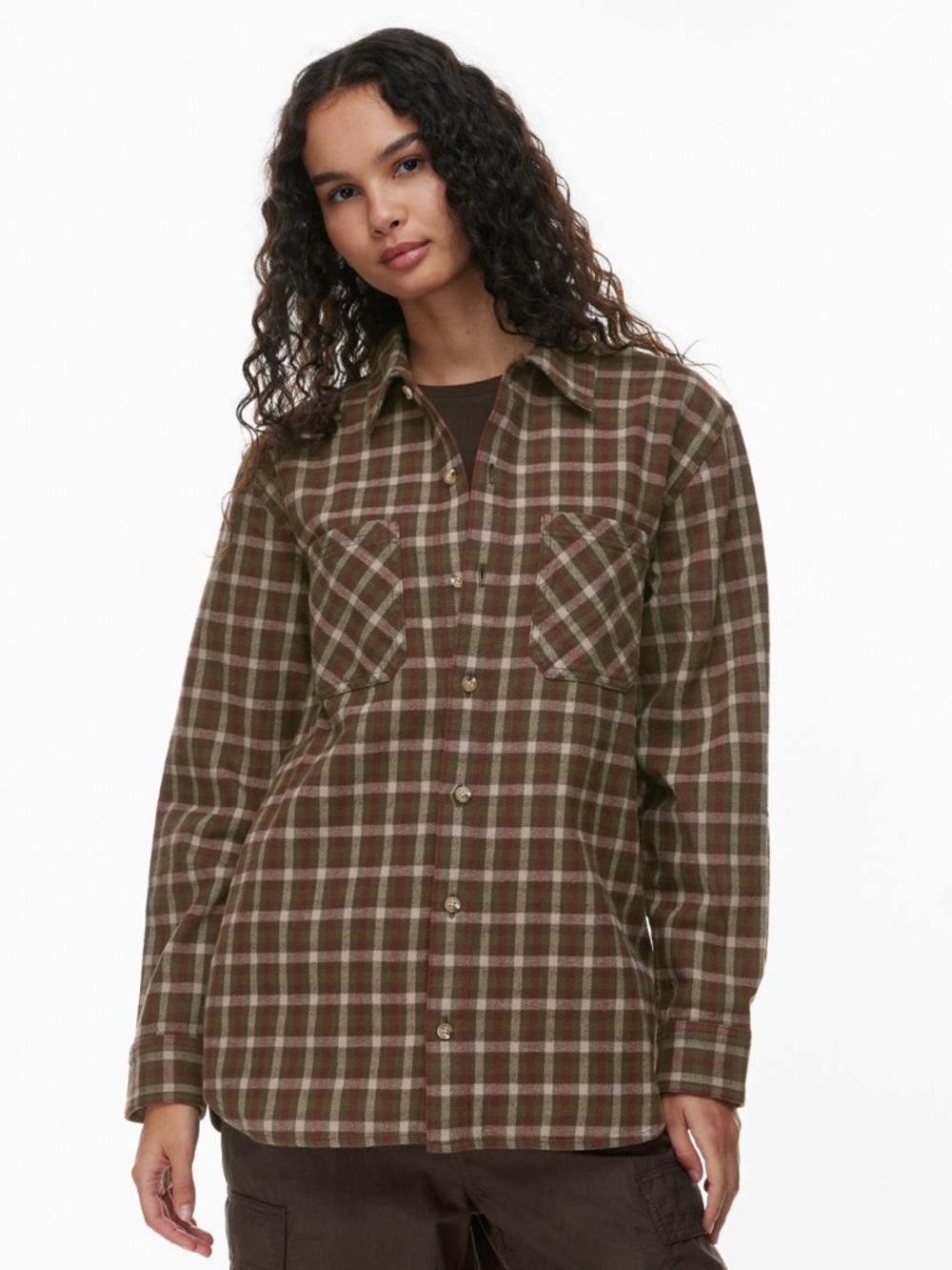 ARITZIA TNA PLAID OVERSIZED SHIRT BROWN GREEN L